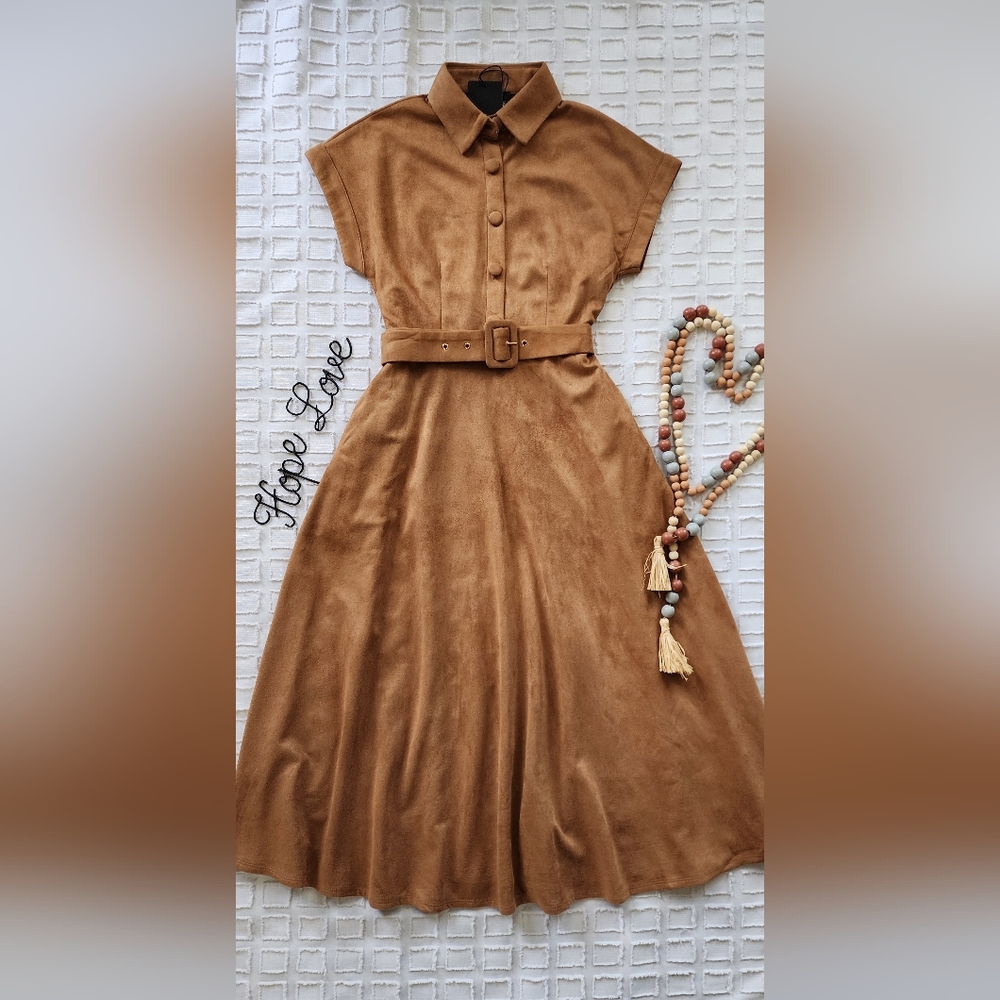 Elegant Tan Belted Dress